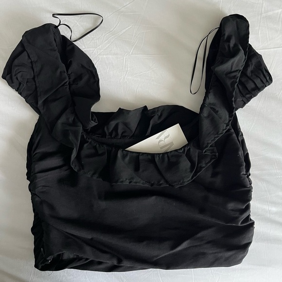 Zara Black Ruffle Sleeve Ruched Crop Top Off Shoulder Sweetheart Neck M 0061 - Picture 2 of 7